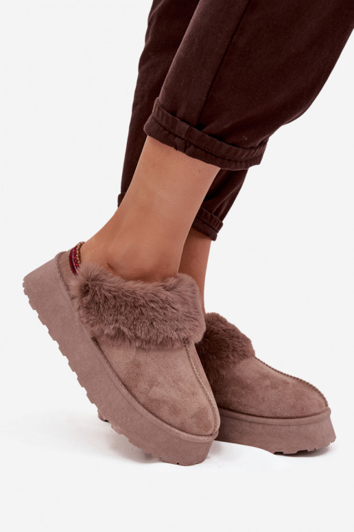 Women's snow boots on platform with fur and embroidery dark beige Querina