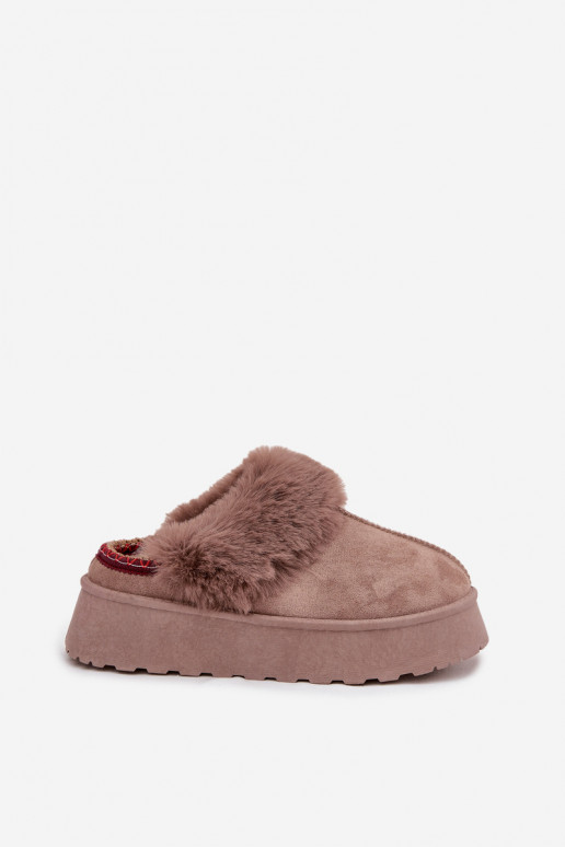 Women's snow boots on platform with fur and embroidery dark beige Querina