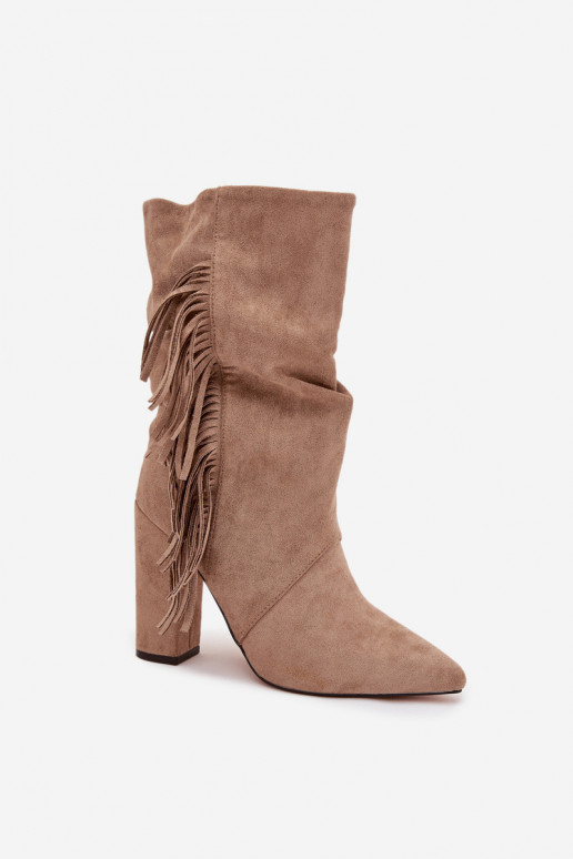 Women's Block Heel Boots with Fringes and Ruching Insulated Beige Darlina