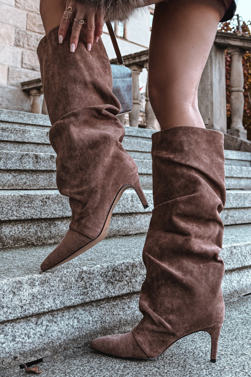 Wrinkled High Heel Boots Made of Eco Suede Lined Dark Beige Mavella