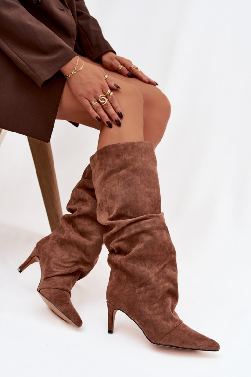 Wrinkled High Heel Boots Made of Eco Suede Lined Dark Beige Mavella