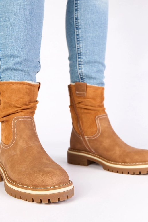 Brązowe botki ocieplane z marszczoną...