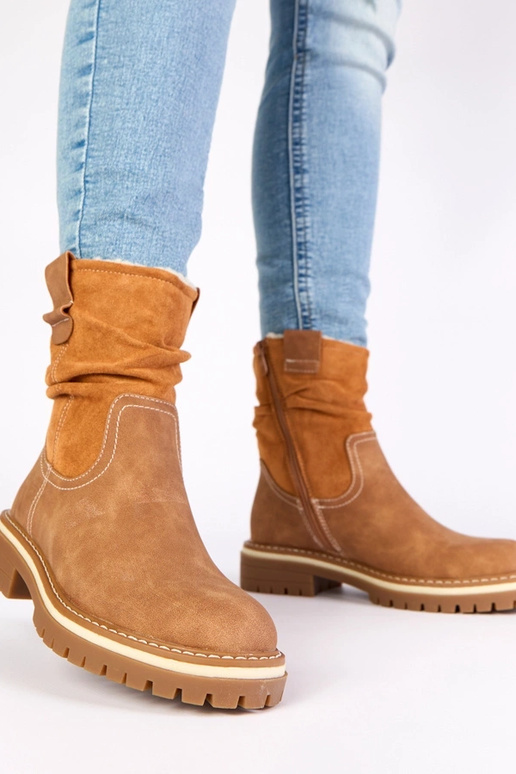 Brązowe botki ocieplane z marszczoną...