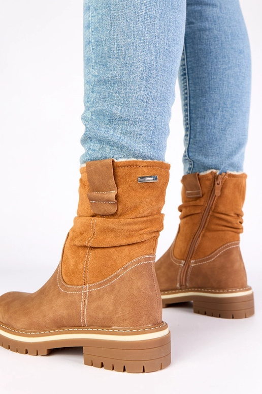 Brązowe botki ocieplane z marszczoną...