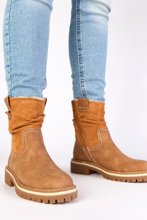 Brązowe botki ocieplane z marszczoną...