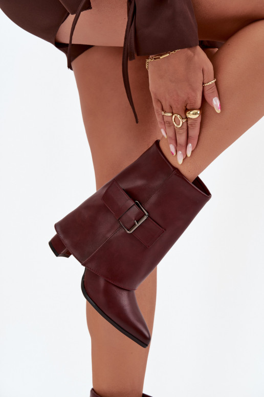Warm Ankle Boots On Heel With Folded Shaft And Buckle Bordeaux Ylenara