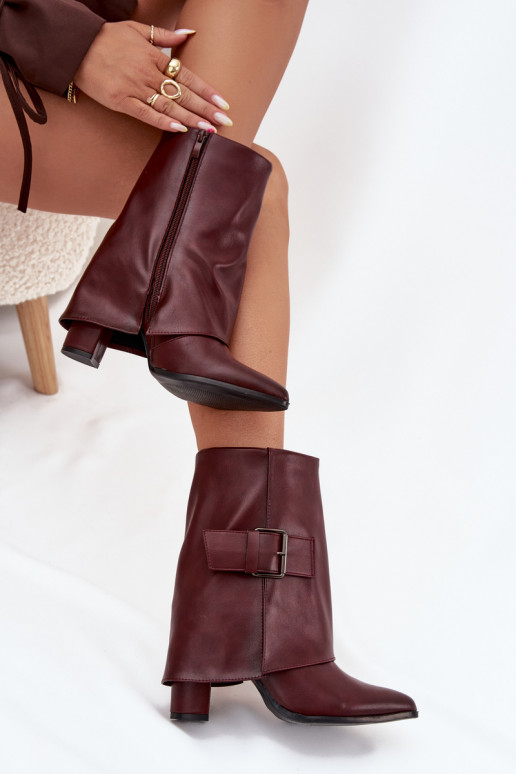 Warm Ankle Boots On Heel With Folded Shaft And Buckle Bordeaux Ylenara