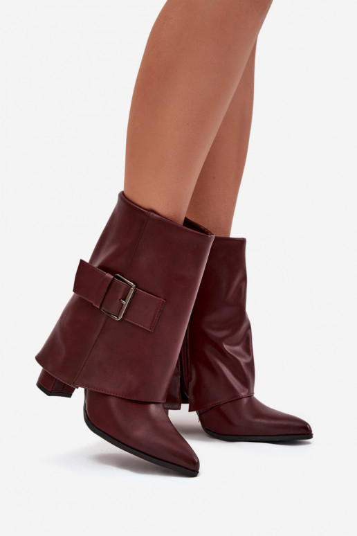 Warm Ankle Boots On Heel With Folded Shaft And Buckle Bordeaux Ylenara
