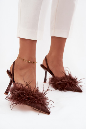 Heeled shoes with feathers and open heel chocolate Belice 2