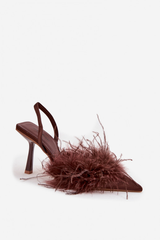 Heeled shoes with feathers and open heel chocolate Belice