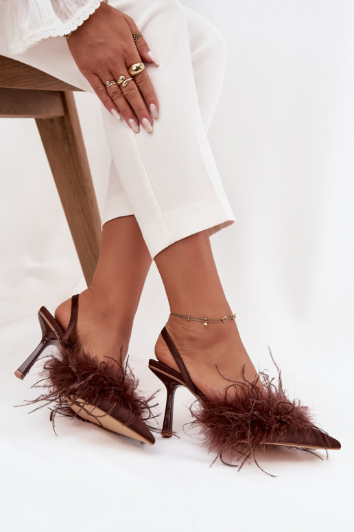 Heeled shoes with feathers and open heel chocolate Belice