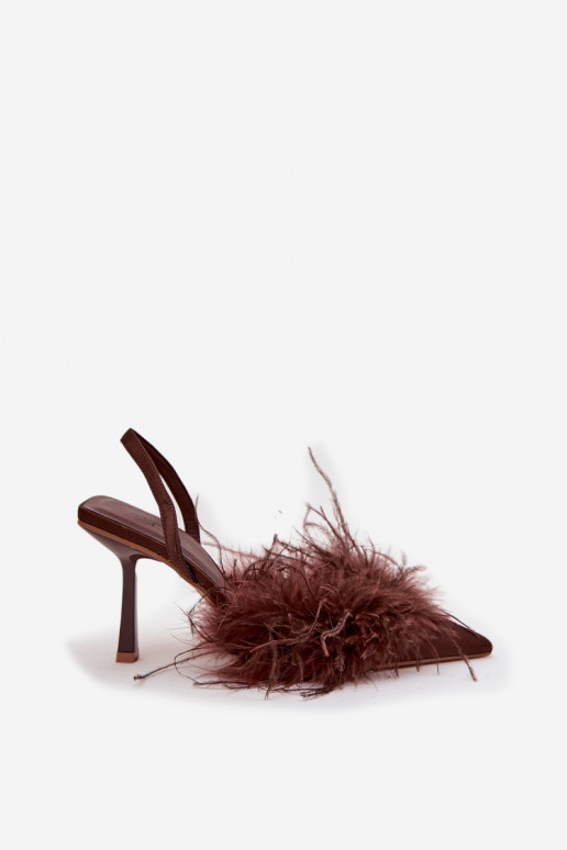 Heeled shoes with feathers and open heel chocolate Belice
