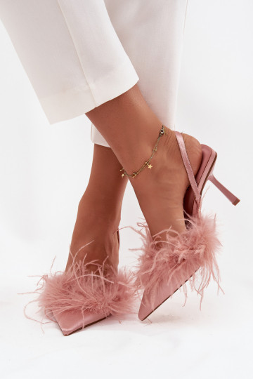 High heels with feathers and open heel Pink Belice 2