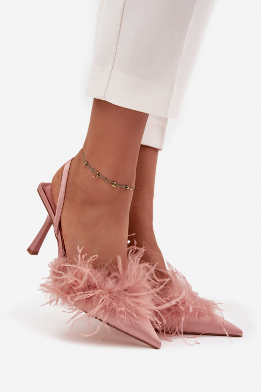 High heels with feathers and open heel Pink Belice