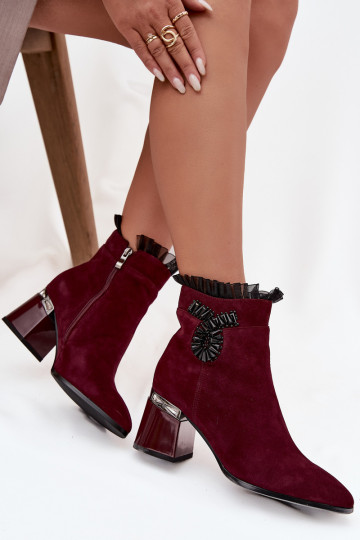 Suede Leather Women's Heeled Boots With Decoration Heated D&A MR52-127 Burgundy