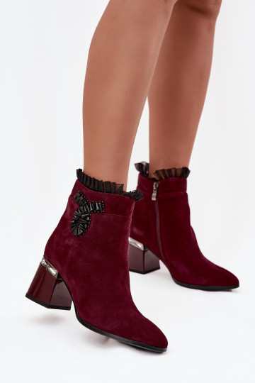 Suede Leather Women's Heeled Boots With Decoration Heated D&A MR52-127 Burgundy 2