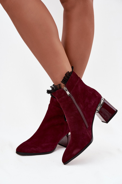 Zamszowe Skórzane Botki Damskie Na SłupkuwithOzdobą Ocieplane D&A MR52-127 Bordowe