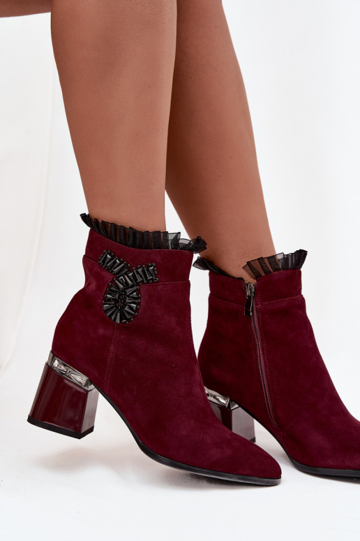 Suede Leather Women's Heeled Boots With Decoration Heated D&A MR52-127 Burgundy