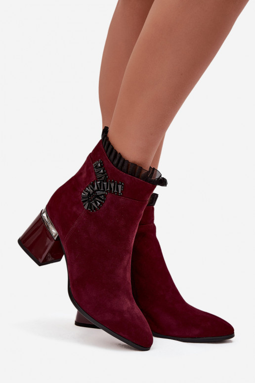 Suede Leather Women's Heeled Boots With Decoration Heated D&A MR52-127 Burgundy