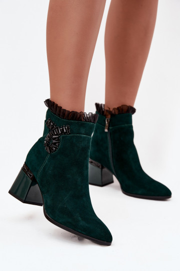 Suede Leather Women's Ankle Boots On Heel With Decoration Lined D&A MR52-127 Bottle Green
