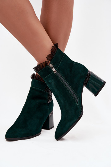 Suede Leather Women's Ankle Boots On Heel With Decoration Lined D&A MR52-127 Bottle Green 2