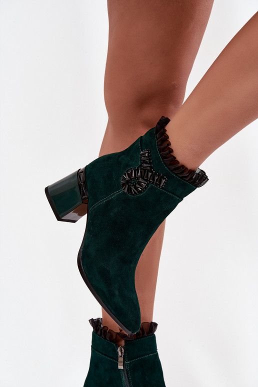 Suede Leather Women's Ankle Boots On Heel With Decoration Lined D&A MR52-127 Bottle Green