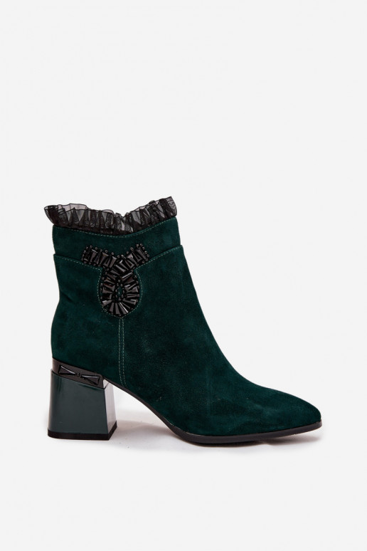 Suede Leather Women's Ankle Boots On Heel With Decoration Lined D&A MR52-127 Bottle Green