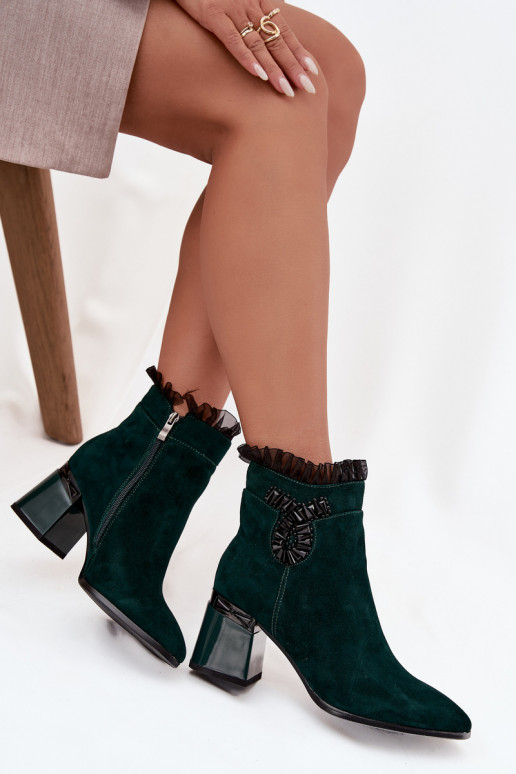 Suede Leather Women's Ankle Boots On Heel With Decoration Lined D&A MR52-127 Bottle Green