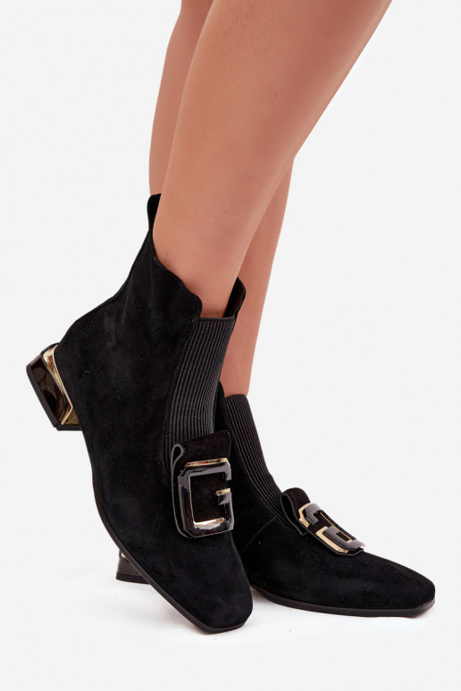 Skórzane Zamszowe Botki Damskie Na Niskim ObcasiewithOzdobą D&A MR52-217 Czarne