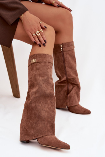 Evo eco suede boots heel column with zipper lined rolled shaft dark beige Evyra