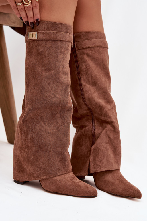 Evo eco suede boots heel column with zipper lined rolled shaft dark beige Evyra