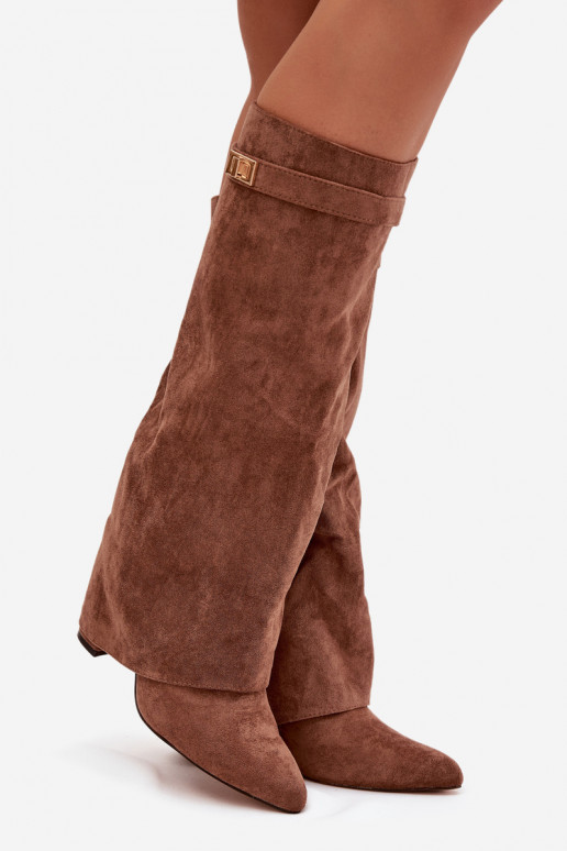 Evo eco suede boots heel column with zipper lined rolled shaft dark beige Evyra