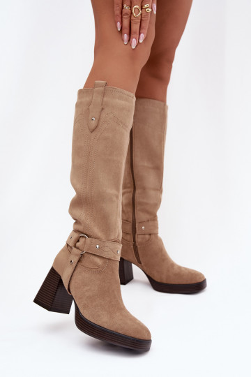 Insulated Women's Boots on Heel with Stitching Beige Alessara 2