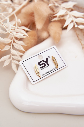 Leaf Earrings With Zirconia Stainless Steel Gold