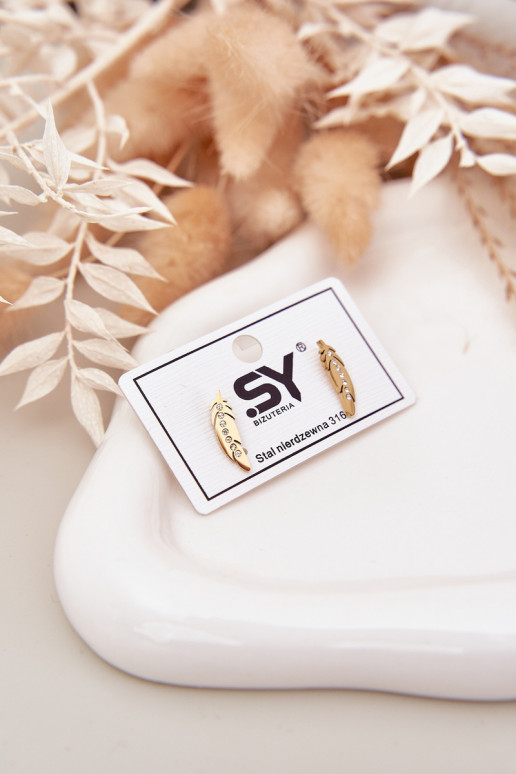 Leaf Earrings With Zirconia Stainless Steel Gold