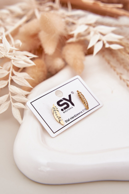 Leaf Earrings With Zirconia Stainless Steel Gold