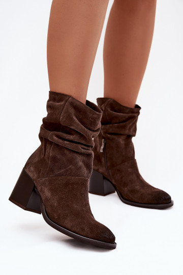 Leather Suede Ankle Boots with Gathering on Heel Zazoo 1127 Chocolate 2