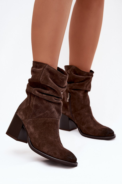 Leather Suede Ankle Boots with Gathering on Heel Zazoo 1127 Chocolate