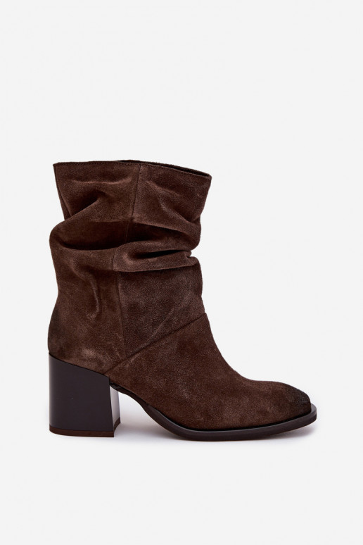 Leather Suede Ankle Boots with Gathering on Heel Zazoo 1127 Chocolate
