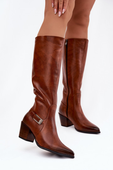Leather High Heeled Boots With Buckle Lined Zazoo 70156 Brown 2