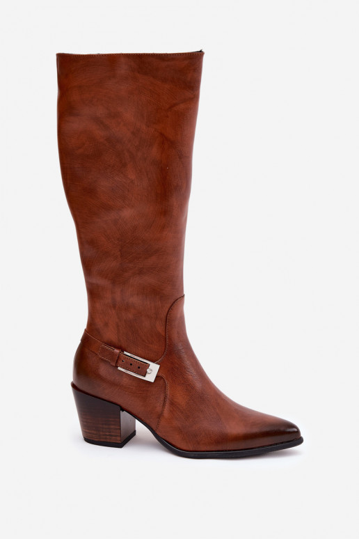 Leather High Heeled Boots With Buckle Lined Zazoo 70156 Brown