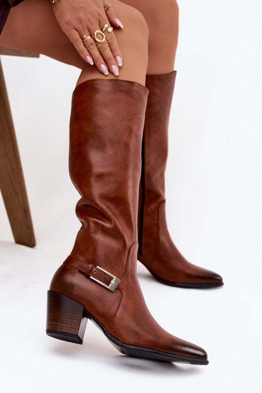 Leather High Heeled Boots With Buckle Lined Zazoo 70156 Brown