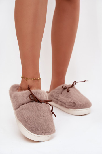 Furry slippers with bow khaki Minella