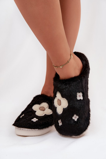 Furry slippers with flowers Black Selinne 2
