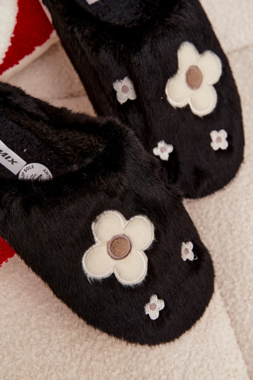 Furry slippers with flowers Black Selinne