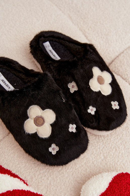 Furry slippers with flowers Black Selinne
