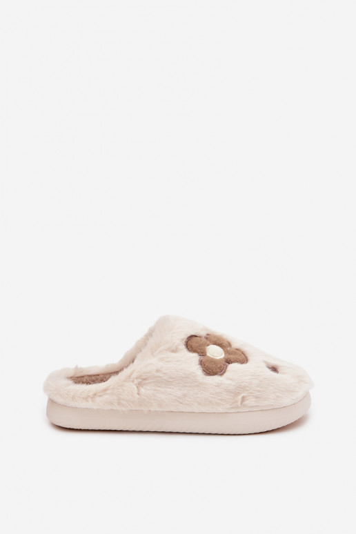 Furry slippers with flowers beige Selinne