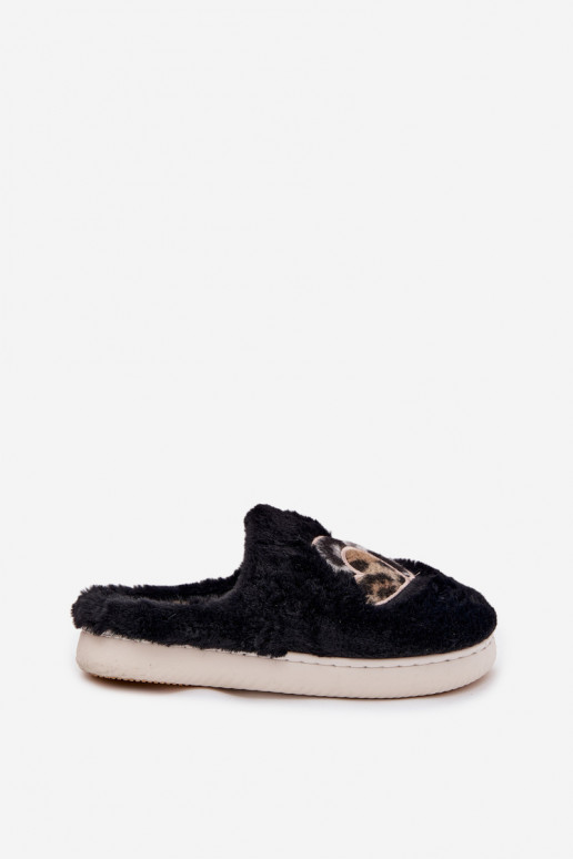 Furry Slippers With Hearts Black Amandra