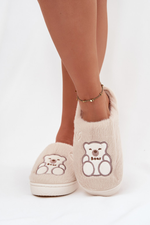 Furry slippers with bear Beige Noralie