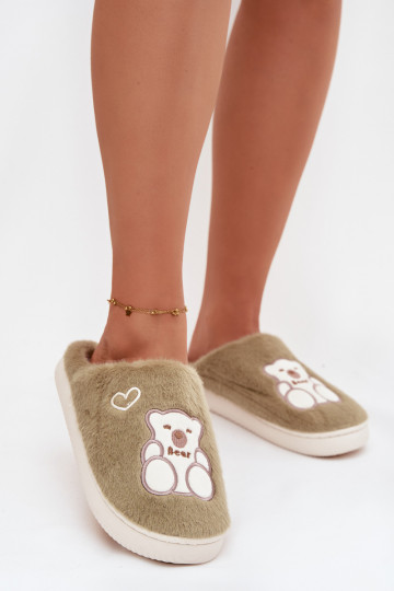 Furry Slippers With Bear Green Noralie